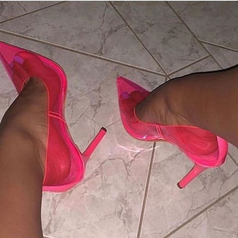 Men Shoes Elegant - เรืองแสง Fuchsia PVC Stiletto รองเท้าส้นสูงรองเท้าผู้หญิงโปร่งใส Pointy