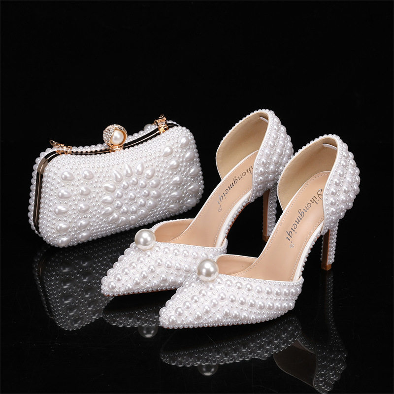 Men Shoes Elegant - ชุดกระเป๋าและรองเท้าสำหรับผู้หญิง รองเท้าแต่งงานประดับมุก รองเท้าส้นสูงสีขาวเบจ รองเท้าออกงานหรูหราสง่างาม ดีไซน์เนอร์ รองเท้าปาร์ตี้