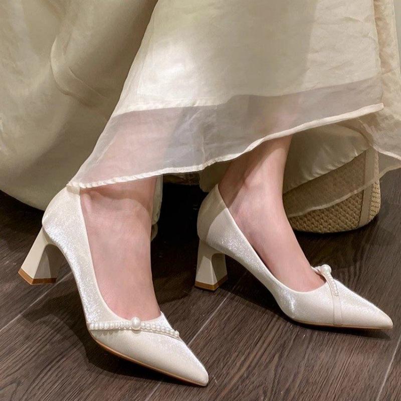 Men Shoes Elegant - รองเท้าส้นตึกหัวแหลมประดับมุกสุดหรู สไตล์เรียบง่าย ใส่สบาย เหมาะสำหรับใส่ทำงานสำหรับผู้หญิง