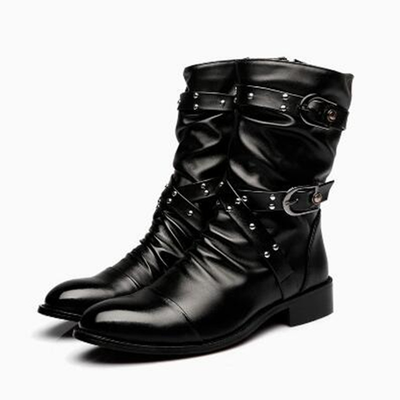 Men Shoes Size 46 - รองเท้าบูทหนังผู้ชายแฟชั่นคุณภาพสูง ทรงกลางข้อเท้า สไตล์คลาสสิกสำหรับฤดูใบไม้ร่วงและฤดูหนาว สีดำ สไตล์พังก์ร็อก รองเท้าลำลองสำหรับผู้ชายและผู้หญิง
