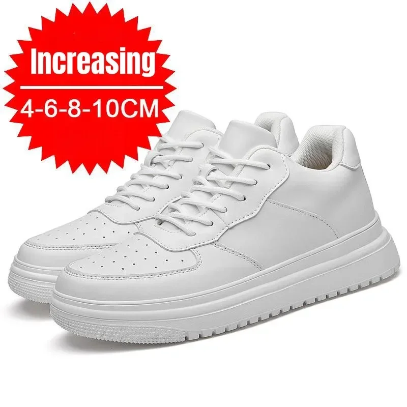 Men Shoes Size 46 - รองเท้าเพิ่มความสูงสำหรับผู้ชายรุ่นใหม่สำหรับฤดูหนาว รองเท้าผ้าใบเสริมส้น 10 ซม. แบบซ่อน สีขาว